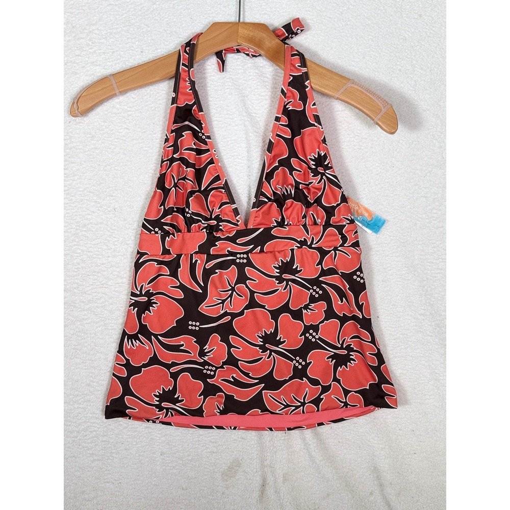 Title Nine Carve Designs Tankini Top Brown Pink Tropical Hibiscus Floral Halter